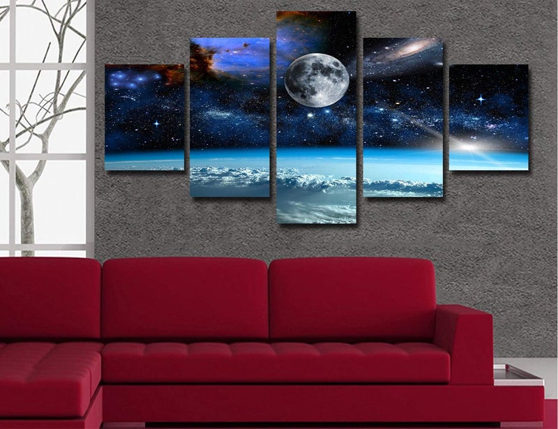 Artbrush Tower 5 Pieces Canvas Art Outer Space Universe Planet Earth Galaxy Stars Pictures Wall Decor Living Room Office Bedroom Bathroom Decoration Artwork Frame Poster Painting Ready to Hang(60 x 32 inches) - Image 2